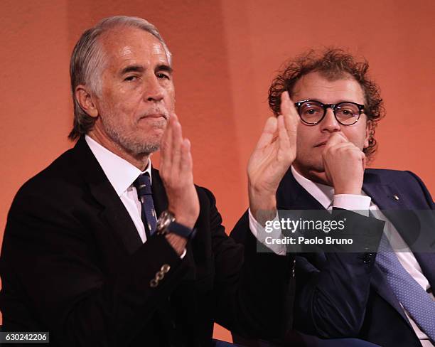 President Giovanni Malago' and Sports Luca Lotti attend the Italian Olympic Commitee 'Collari d'Oro' Awards at Foro Italico on December 19, 2016 in...