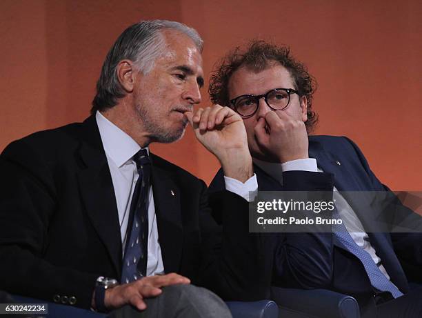 President Giovanni Malago' and Sports Luca Lotti attend the Italian Olympic Commitee 'Collari d'Oro' Awards at Foro Italico on December 19, 2016 in...