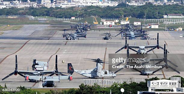 Osprey tilt-rotor aircraft are lined up at U.S. Marine Corps Air Station Futenma on December 19, 2016 in Ginowan, Okinawa, Japan. The U.S. Military's...
