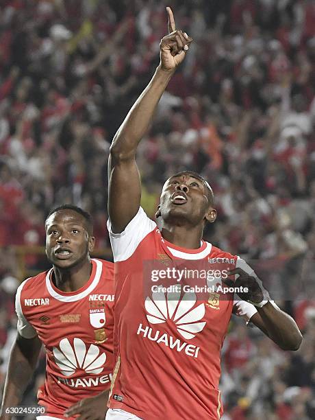 Hector Urrego of Santa Fe celebrates after scoring during a second leg final match between Santa Fe and Deportes Tolima as part of Liga Aguila II...