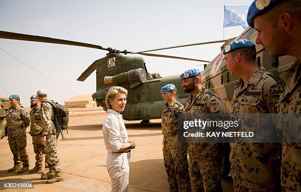 German Defence Minister Ursula von der Leyen delievers speaks to German contingent of the UN soldiers on December 19, 2016 during a visit at the...