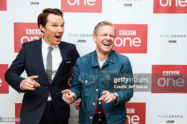 Benedict Cumberbatch and Martin Freeman attend a screening of the Sherlock 2016 Christmas Special at Ham Yard Hotel on December 19, 2016 in London,...