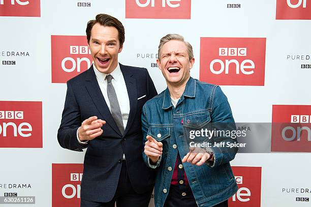 Benedict Cumberbatch and Martin Freeman attend a screening of the Sherlock 2016 Christmas Special at Ham Yard Hotel on December 19, 2016 in London,...