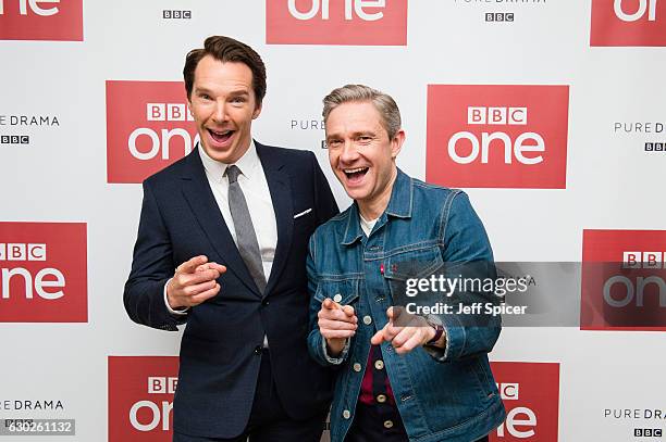 Benedict Cumberbatch and Martin Freeman attend a screening of the Sherlock 2016 Christmas Special at Ham Yard Hotel on December 19, 2016 in London,...