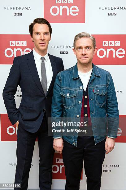 Benedict Cumberbatch and Martin Freeman attend a screening of the Sherlock 2016 Christmas Special at Ham Yard Hotel on December 19, 2016 in London,...