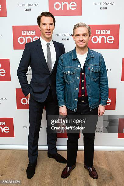 Benedict Cumberbatch and Martin Freeman attend a screening of the Sherlock 2016 Christmas Special at Ham Yard Hotel on December 19, 2016 in London,...