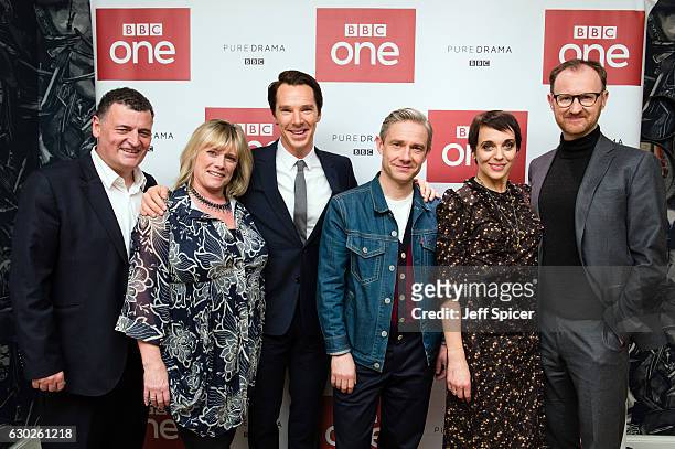 Steven Moffat, Sue Vertue, Benedict Cumberbatch, Martin Freeman, Amanda Abbington and Mark Gatiss attend a screening of the Sherlock 2016 Christmas...