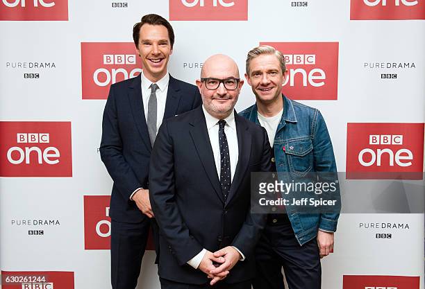 Benedict Cumberbatch, Boyd Hilton and Martin Freeman attend a screening of the Sherlock 2016 Christmas Special at Ham Yard Hotel on December 19, 2016...