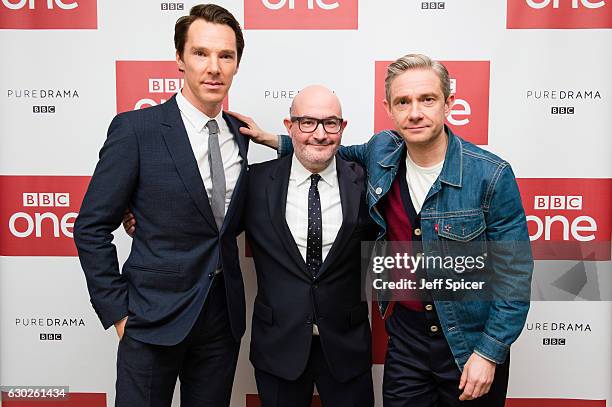 Benedict Cumberbatch, Boyd Hilton and Martin Freeman attend a screening of the Sherlock 2016 Christmas Special at Ham Yard Hotel on December 19, 2016...