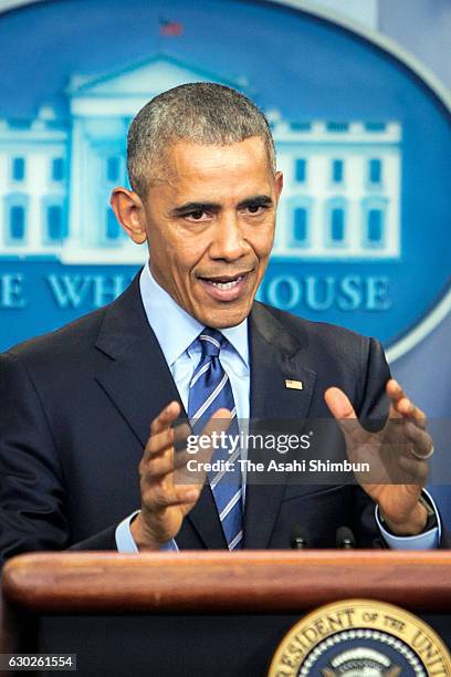 President Barack Obama speaks during a news conference in the Brady Press Briefing Room at the White House December 16, 2016 in Washington, DC. In...