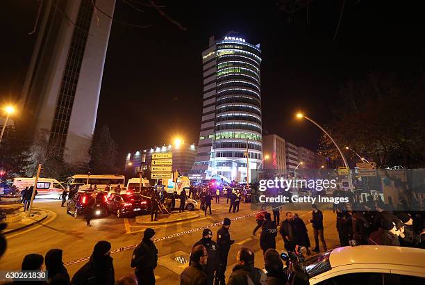 Turkish police secure the area outside where the Russian Ambassador to Turkey Andrei Karlov was shot inside an art gallery on December 19 Turkey in...