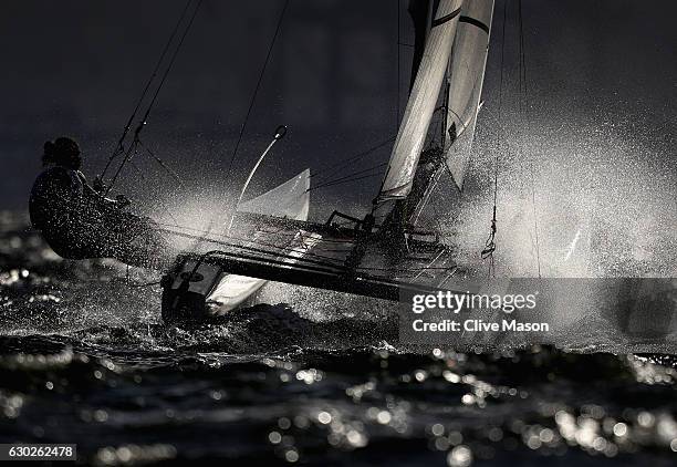 Mariana Foglia Costa and Pablo Defazio Abella of Uruguay in action during a Nacra 17 mixed class race on Day 6 of the Rio 2016 Olympics at Marina da...