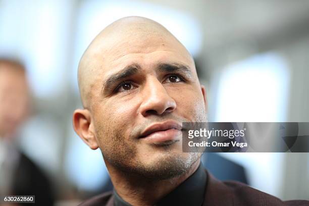 Miguel Cotto looks on during a press conference to promote the fight between Miguel Cotto and James Kirkland at the Ford Center in Frisco, TX on...