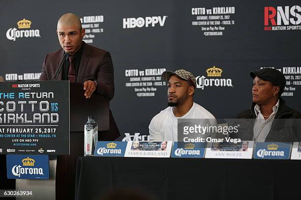 Miguel Cotto speaks during a press conference to promote the fight between Miguel Cotto and James Kirkland at the Ford Center in Frisco, TX on...