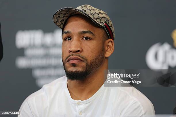 James Kirkland looks on during a press conference to promote the fight between Miguel Cotto and James Kirkland at the Ford Center in Frisco, TX on...