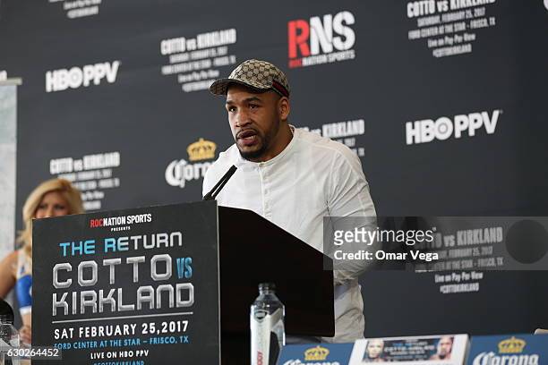 James Kirkland speaks during a press conference to promote the fight between Miguel Cotto and James Kirkland at the Ford Center in Frisco, TX on...