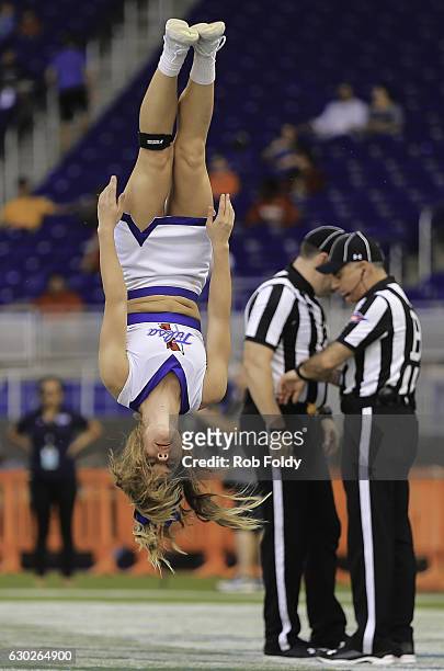 Tulsa Golden Hurricane cheerleader performs during the first half of the game against the Central Michigan Chippewas at Marlins Park on December 19,...