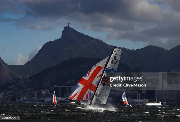 Ben Saxton and Nicola Groves of Great Britain in action during a Nacra 17 mixed class race on Day 6 of the Rio 2016 Olympics at Marina da Gloria on...