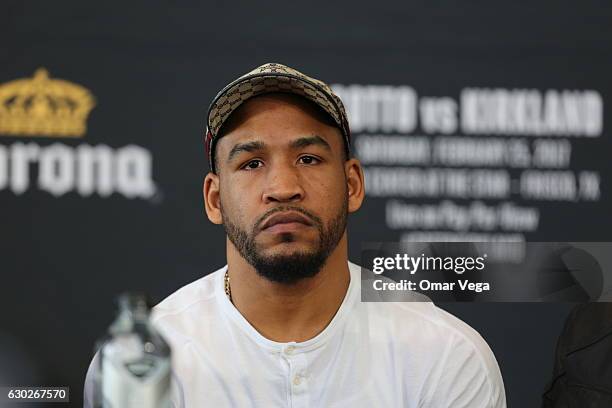 James Kirkland looks on during a press conference to promote the fight between Miguel Cotto and James Kirkland at the Ford Center in Frisco, TX on...