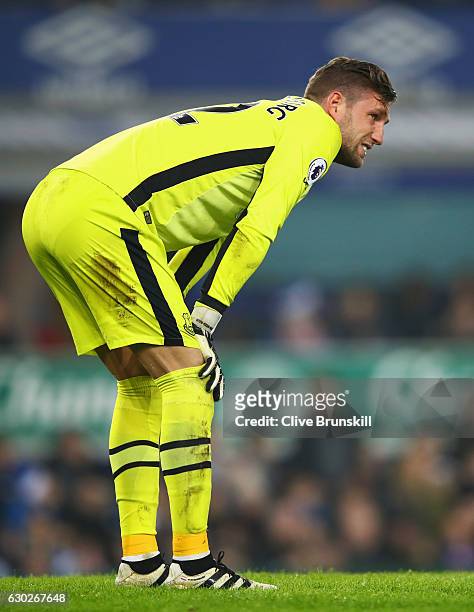 Injured goalkeeper Maarten Stekelenburg of Everton looks on during the Premier League match between Everton and Liverpool at Goodison Park on...