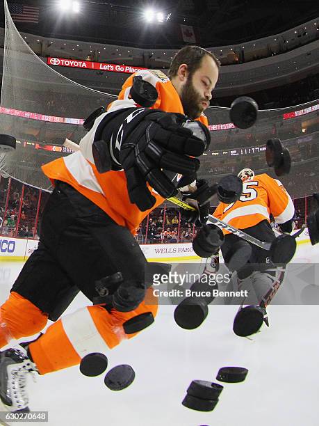 Radko Gudas of the Philadelphia Flyers heads out for warm-ups prior to the game against the Nashville Predators at the Wells Fargo Center on December...