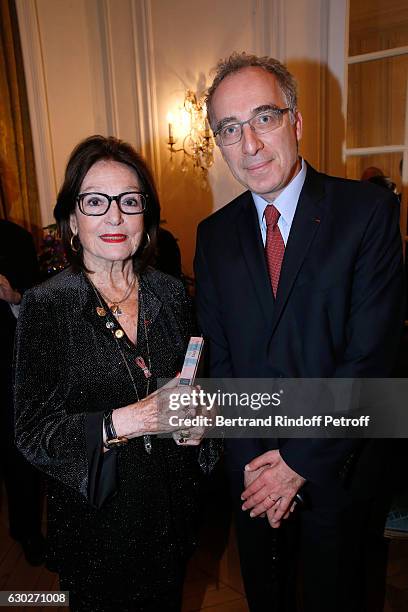 Singer Nana Mouskouri and Francois Weil attend Nana Mouskouri gives the Greek Prize "Nikos Gatsos 2016" to Charles Aznavour at Embassy of Greece on...