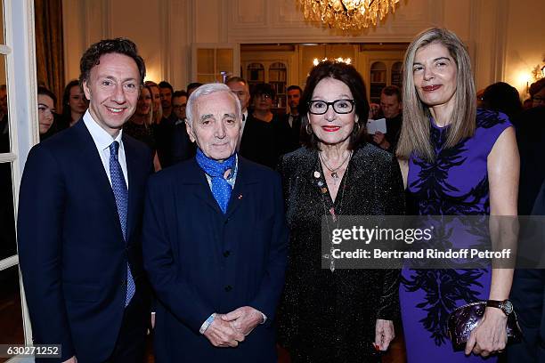 Stephane Bern, singer Charles Aznavour, Nana Mouskouri and Ambassador of Greece in Paris, Maria Theofili attend Nana Mouskouri gives the Greek Prize...