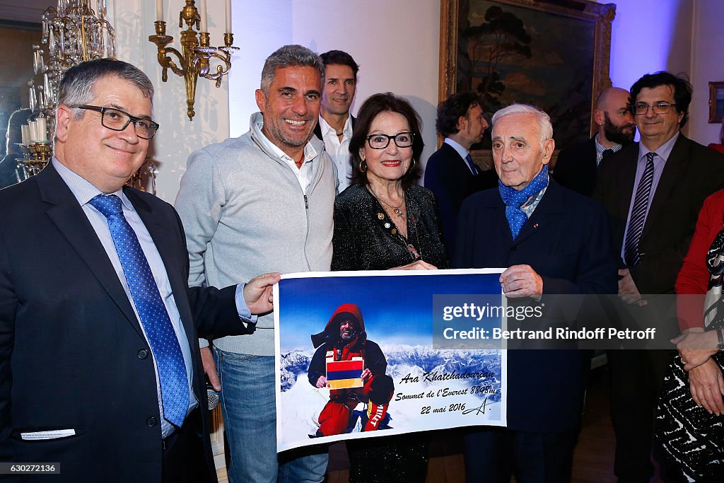 Nana Mouskouri Gives The Greek Prize "Nikos Gatsos 2016" To Charles Aznavour At Embassy of Greece In Paris