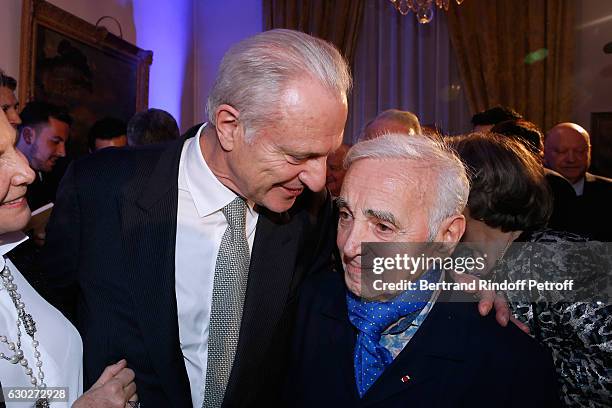 Alain Flammarion and Charles Aznavour attend Nana Mouskouri gives the Greek Prize "Nikos Gatsos 2016" to Charles Aznavour at Embassy of Greece on...