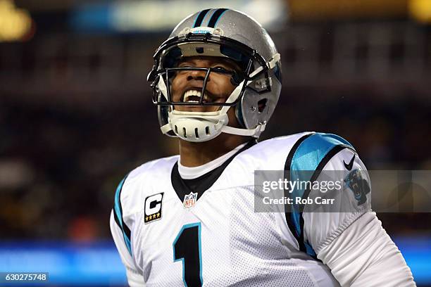 Quarterback Cam Newton of the Carolina Panthers celebrates after throwing a first quarter touchdown to teammate wide receiver Ted Ginn against the...