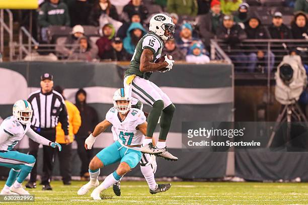 New York Jets wide receiver Brandon Marshall during the National Football League game between the New York Jets and the Miami Dolphins on December 17...