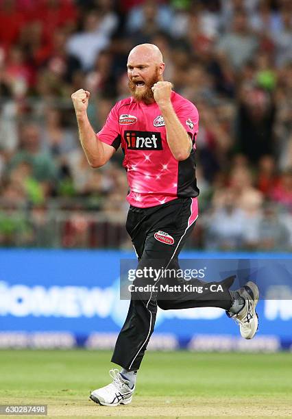 Doug Bollinger of the Sixers celebrates taking the wicket of Chris Green of the Thunder during the Big Bash League match between the Sydney Thunder...