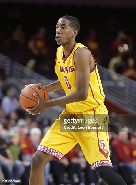 Shaqquan Aaron of the USC Trojans handles the ball against the Cornell Big Red during a NCAA college basketball game at Galen Center on December 19,...