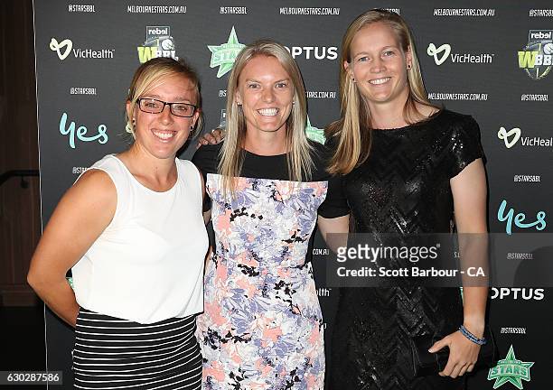 Danielle Hazell, Kristen Beams and Meg Lanning of the Stars WBBl side attend the Melbourne Stars BBL Season Launch at The Emerson on December 20,...