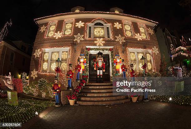 Christmas decorations with Nativity scene on streets of Dyker Heights neighborhood in Brooklyn.