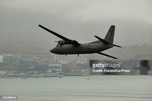 Fokker 60 of the Peruvian Navy, flies over the coast, as part of the maneuvers for national holidays.