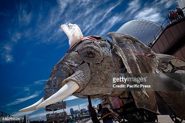 The largest-ever performing African elephant puppet Queenie pictured parading at the Sydney Opera House. Part of the CIRCUS 1903 troupe ahead of...