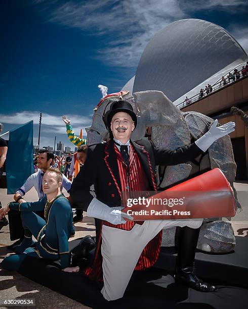 Ringmaster, Willy Whipsnade pictured following the parade at the Sydney Opera House. Part of the CIRCUS 1903 troupe ahead of their exclusive Sydney...