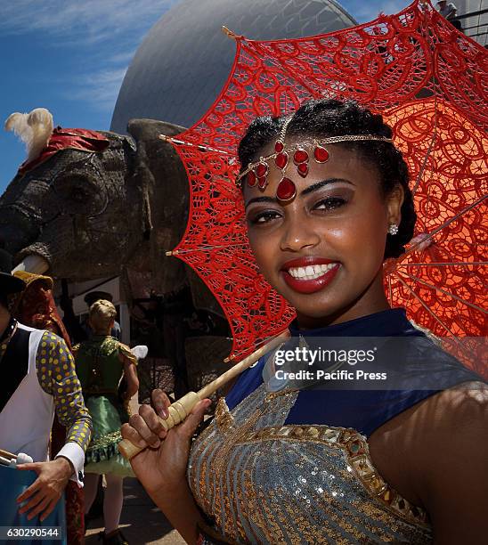 The largest-ever performing African elephant Queenie and her calf Peanut life-size puppets pictured parading at the Sydney Opera House. Part of the...