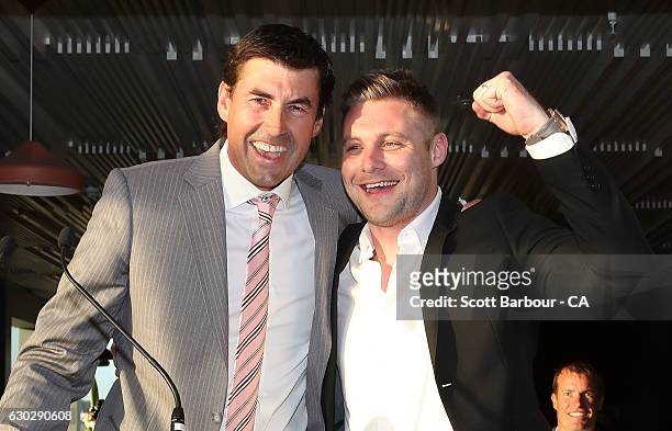 Stars coach Stephen Fleming and Luke Wright sing during the Melbourne Stars BBL Season Launch at The Emerson on December 20, 2016 in Melbourne,...
