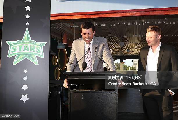 Stars coach Stephen Fleming sings as Luke Wright looks on during the Melbourne Stars BBL Season Launch at The Emerson on December 20, 2016 in...
