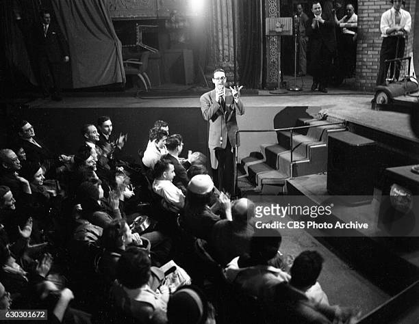 Steve Allen, host of CBS Television's program, The Steve Allen Show speaks with the audience. New York, NY. Image dated February 7, 1951.