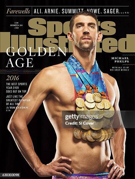 December 26, 2016 Sports Illustrated via Getty Images Cover: Swimming: Portrait of Michael Phelps posing with his Olympic medals during photo shoot...