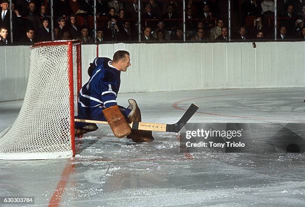 Toronto Maple Leafs goalie Johnny Bower in action, making save vs Montreal Canadiens at Maple Leafs Garden. Game 4. Toronto, Canada 4/14/1966 CREDIT:...