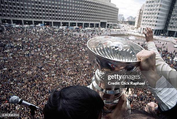 View of Stanley Cup won by Boston Bruins with fans looking on during prarade at City Hall Plaza after winning series vs New York Rangers. Boston, MA...