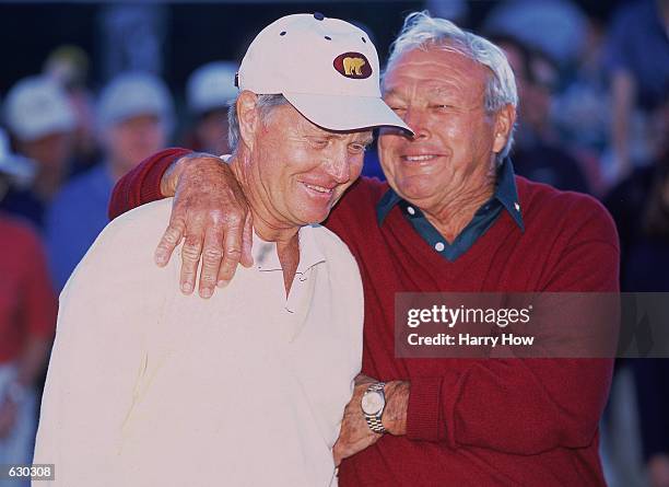 Jack Nicklaus and Arnold Palmer laugh after the Shell Wonderful World of Golf at The King and Bear Golf Course in St. Augustine, Florida.Mandatory...