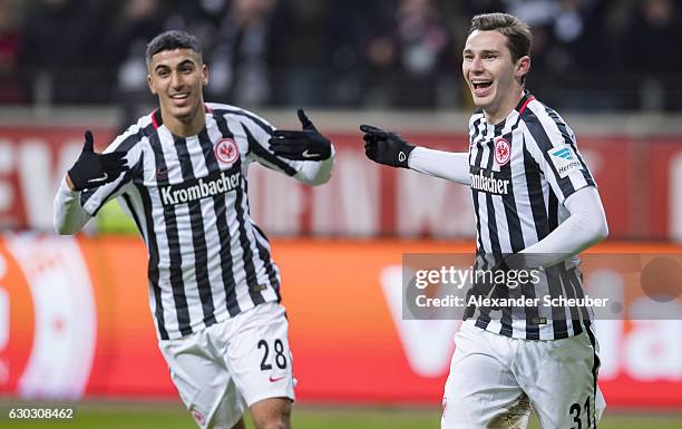 Branimir Hrgota of Frankfurt celebrates the third goal for his team with Aymane Barkok of Frankfurt during the Bundesliga match between Eintracht...