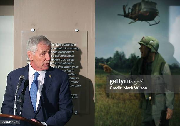 Vietnam War veteran and former Defense Secretary Chuck Hagel speaks at the unveiling of an exhibit honoring Vietnam veterans and their families, at...