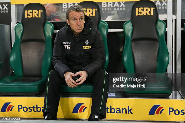 Frank Geideck, assistant coach of Moenchengladbach looks on prior to the Bundesliga match between Borussia Moenchengladbach and VfL Wolfsburg at...