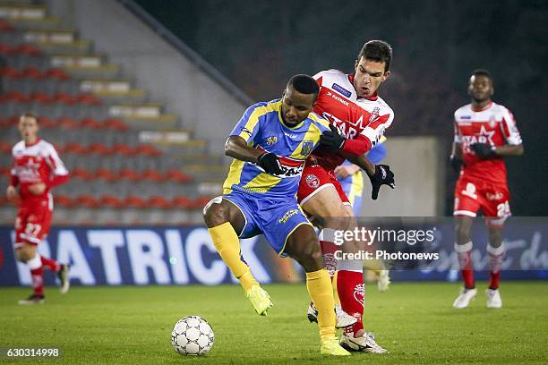 Khaleem Hyland midfielder of KVC Westerlo and Luka Stojanovic midfielder of Royal Excel Mouscron during the Jupiler Pro League match between Royal...